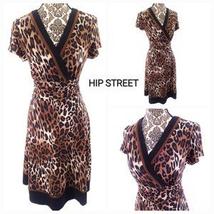STUDIO I SS Surplice Top Ruche Waist Swing Skirt Leopard Print Stretch Dress 16P